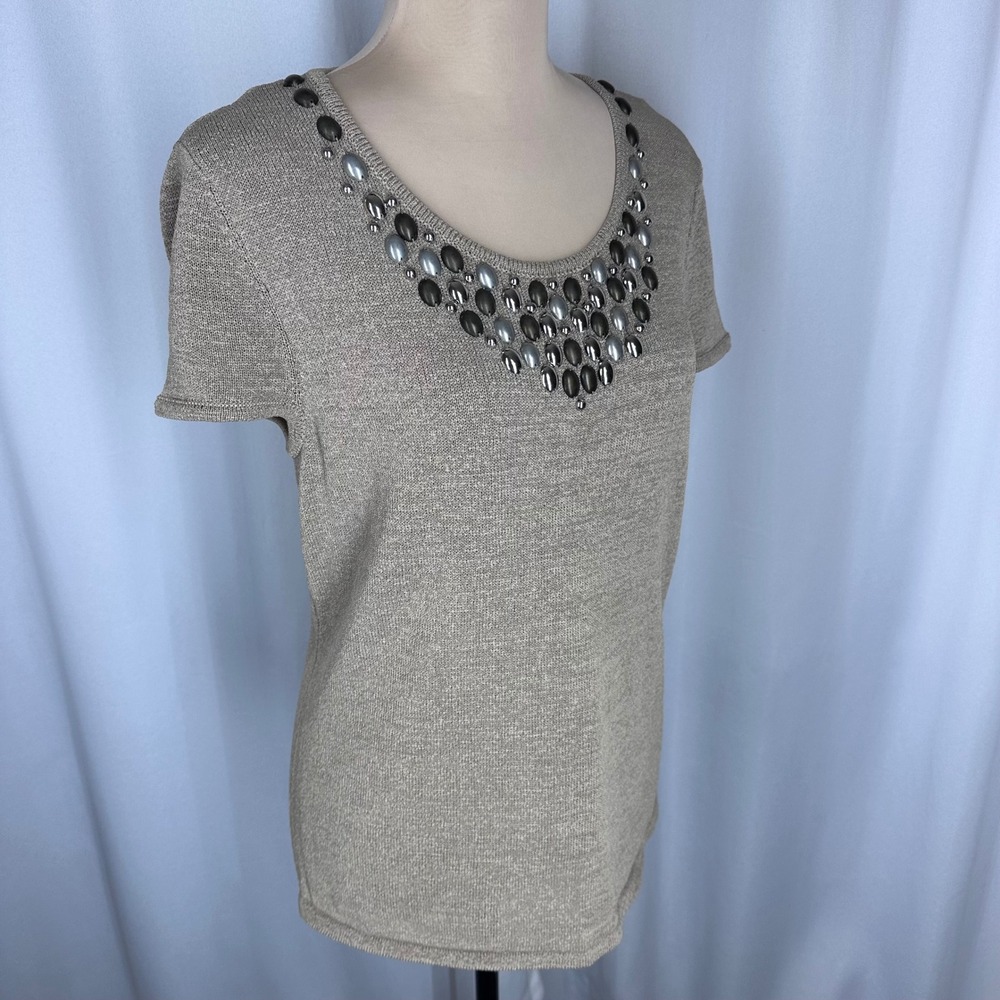 Jones New‎ York Collection Taupe Jeweled Neck Metallic Knit Tunic Top Size M NWT